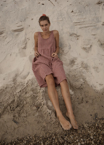 Capricorn Hemp Seersucker Midi Dress - Burgundy/Beige Check