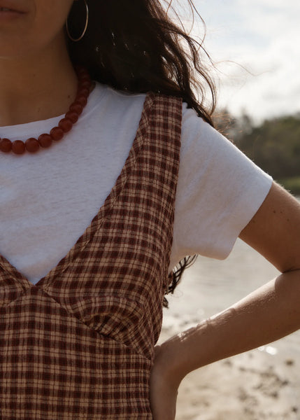 Capricorn Hemp Seersucker Mini Dress - Burgundy/Beige Check
