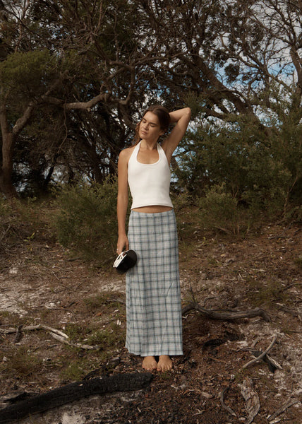 Lagoon Hemp Seersucker Maxi Skirt - Overcast Check