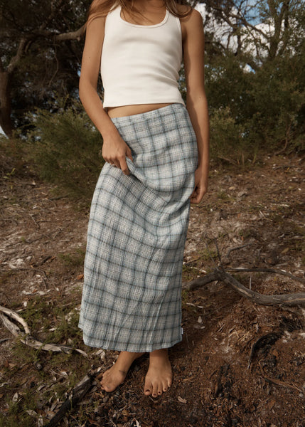 Lagoon Hemp Seersucker Maxi Skirt - Overcast Check