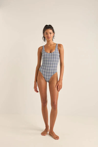 London Check Scoop Neck One Piece - Navy