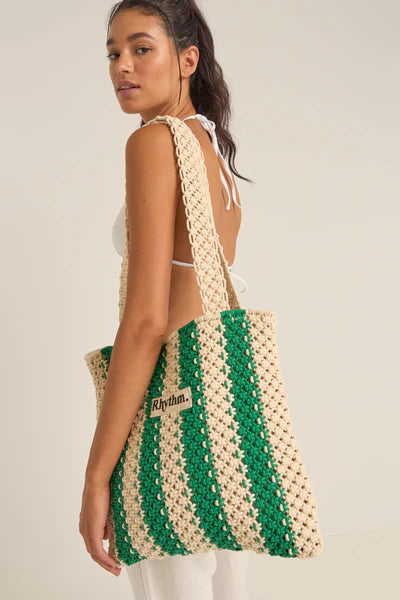 Dinero Stripe Crochet Tote Bag - Green