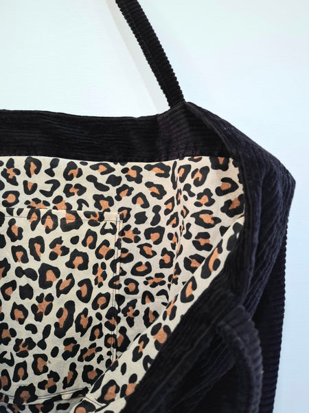 Oversized Cord Tote - Black Leopard