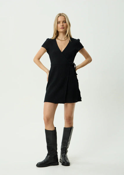 Farah Seersucker Wrap Mini Dress - Black