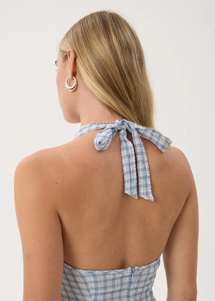 Montana Seersucker Halter Mini Dress - Powder Blue Check