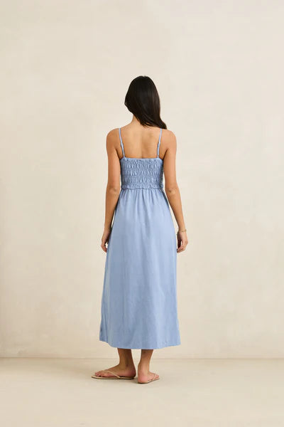 Classic Shirred Midi Dress - Steel Blue