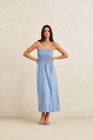 Classic Shirred Midi Dress - Steel Blue