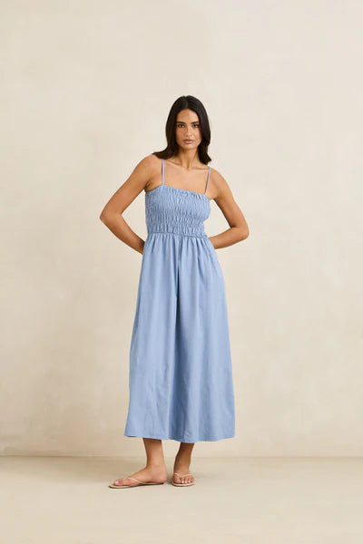Classic Shirred Midi Dress - Steel Blue