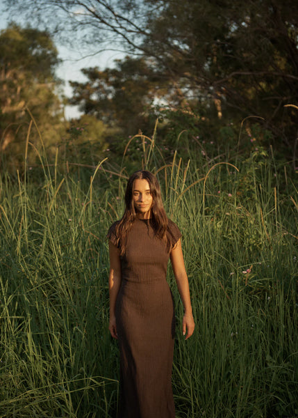 Focus Elodie Seersucker Midi Dress - Coffee