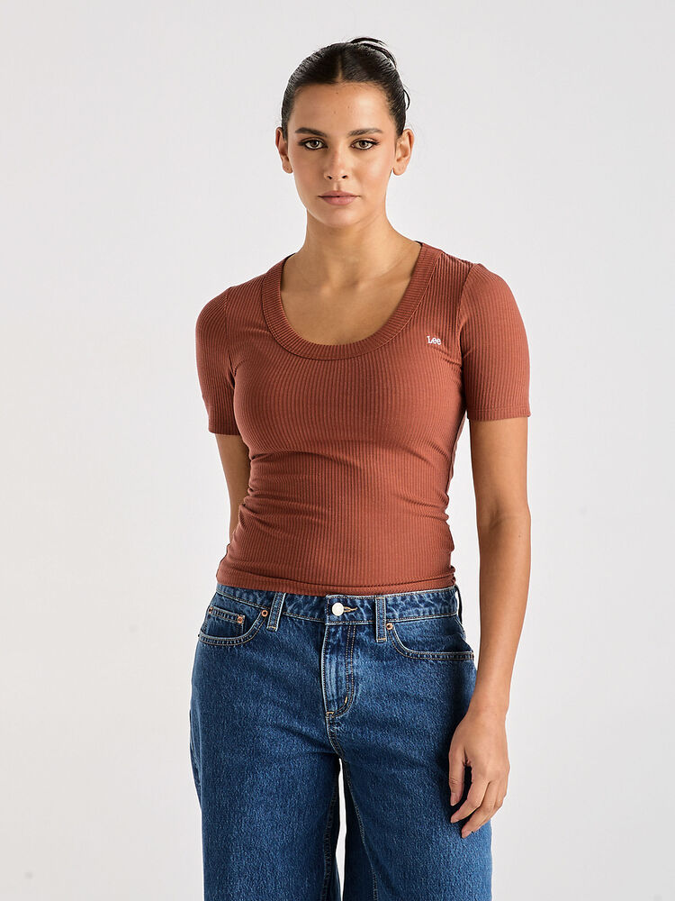 Scoop Slim Rib Tee - Terracotta