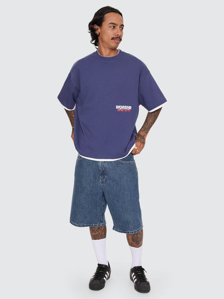 Worship Half Court Box Crop Layer Tee - Medieval Blue
