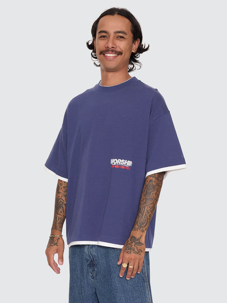 Worship Half Court Box Crop Layer Tee - Medieval Blue