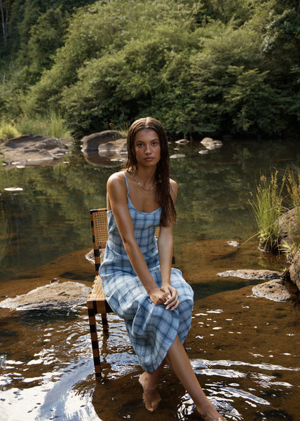 Lagoon Hemp Seersucker Midi Dress - Overcast Check