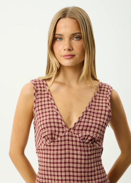 Capricorn Hemp Seersucker Mini Dress - Burgundy/Beige Check