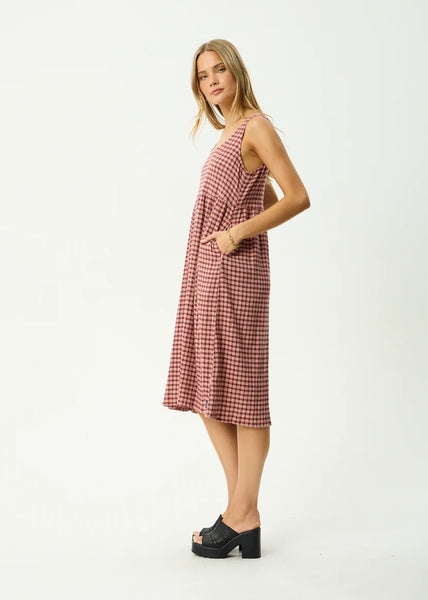 Capricorn Hemp Seersucker Midi Dress - Burgundy/Beige Check