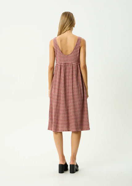 Capricorn Hemp Seersucker Midi Dress - Burgundy/Beige Check