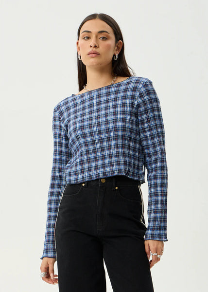 Mountains Seersucker LS Top - Navy Red Check
