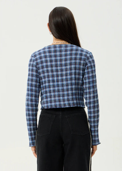 Mountains Seersucker LS Top - Navy Red Check