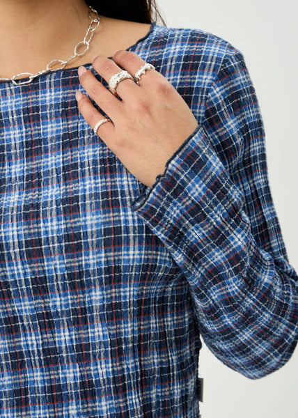 Mountains Seersucker LS Top - Navy Red Check
