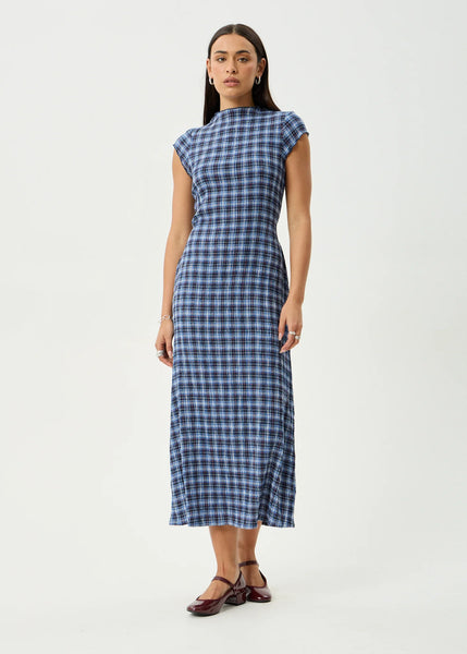 Mountains Elodie Seersucker Midi Dress - Navy Red Check