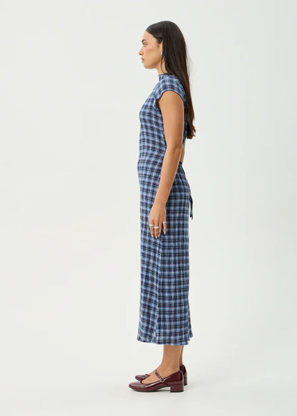 Mountains Elodie Seersucker Midi Dress - Navy Red Check