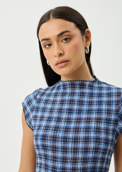 Mountains Elodie Seersucker Midi Dress - Navy Red Check