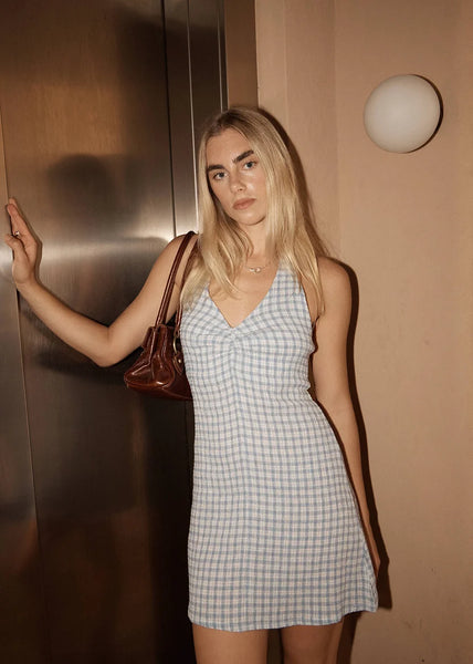 Montana Seersucker Halter Mini Dress - Powder Blue Check