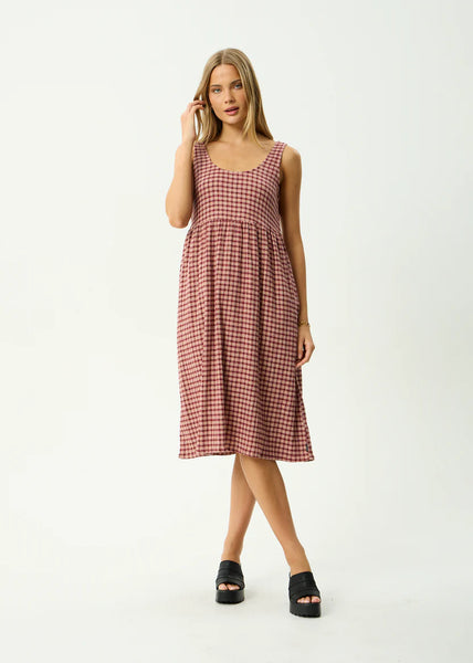 Capricorn Hemp Seersucker Midi Dress - Burgundy/Beige Check