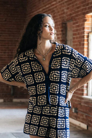 Crochet S/S Button Down - Indigo/Off White