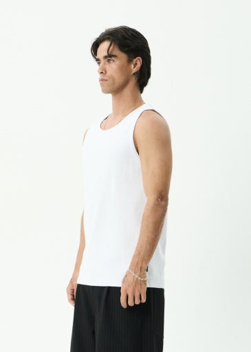 Afends Paramount Rib Singlet in White - men's tank top detail view