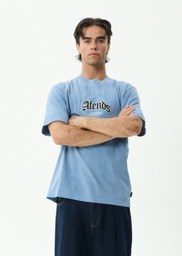 Afends Home Retro Tee in Washed Slate Blue - men's t-shirt side view