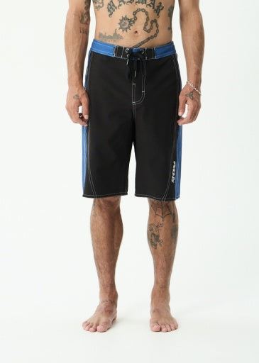 Afends Forum Surf Related V2 Boardshort 22" in Black / Blue - men's boardshorts flat lay