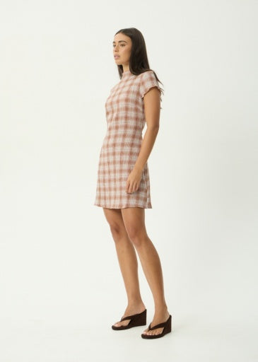 Afends Elodie Seersucker Mini Dress in Desert Check - women's dress back view