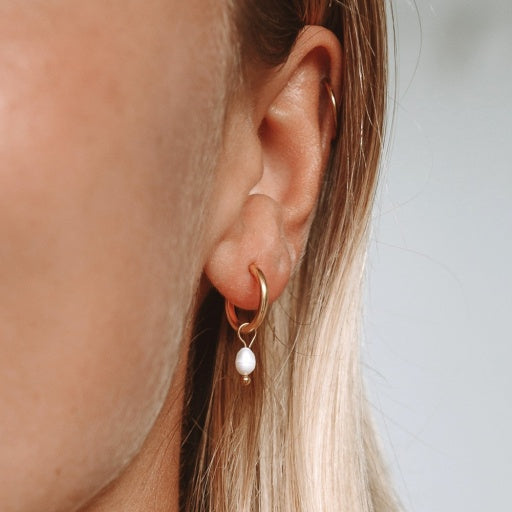 Pearl Huggie Hoops - Gold
