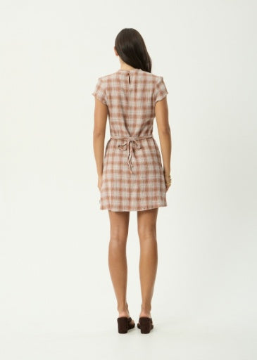 Afends Elodie Seersucker Mini Dress in Desert Check - women's dress detail view