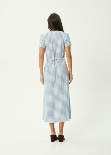 Afends Maeve Seersucker Maxi Dress in Powder Blue Check - women's dress back view