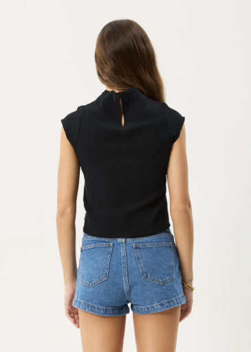 Afends Wren Seersucker Top in Black - women's top back view