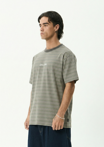 Afends Eureka Boxy Tee in Olive Stripe - men's t-shirt detail view