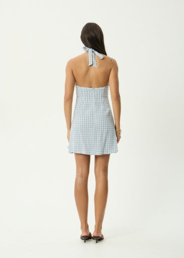 Montana Seersucker Halter Mini Dress - Powder Blue Check