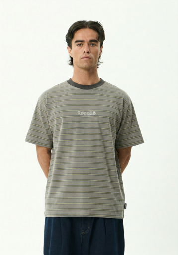 Afends Eureka Boxy Tee in Olive Stripe - men's t-shirt front view