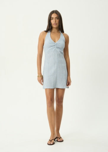 Montana Seersucker Halter Mini Dress - Powder Blue Check
