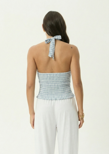 Afends Delfina Seersucker Halter Top in Powder Blue Check - women's bikini top back view