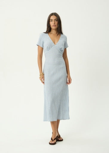 Afends Maeve Seersucker Maxi Dress in Powder Blue Check - women's dress front view