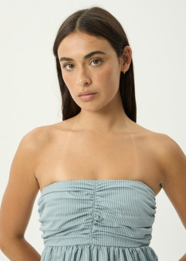 Afends Juni Strapless Top in Teal Stripe - women's tank top detail view