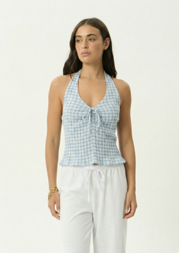 Afends Delfina Seersucker Halter Top in Powder Blue Check - women's bikini top front view
