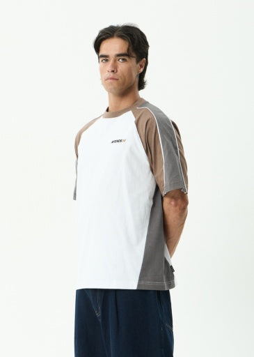 Afends Tallows Panelled Raglan Tee in White - men's t-shirt detail view
