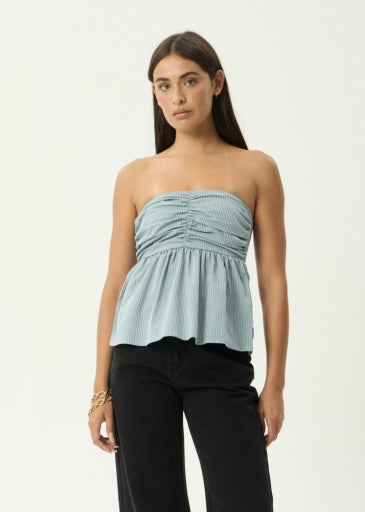 Afends Juni Strapless Top in Teal Stripe - women's tank top front view