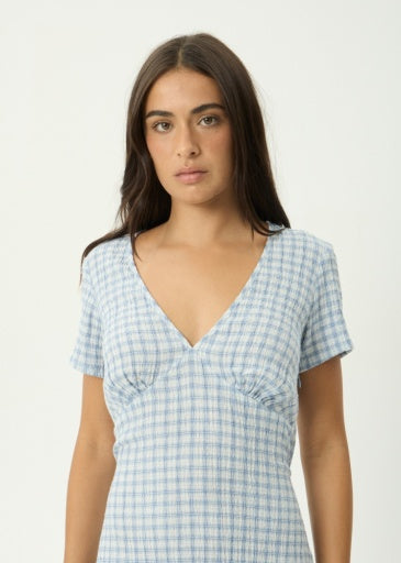 Afends Maeve Seersucker Maxi Dress in Powder Blue Check - women's dress detail view