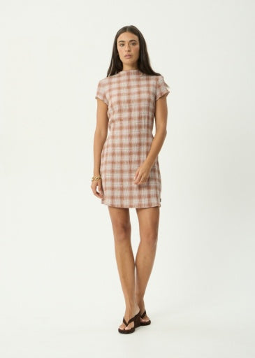 Afends Elodie Seersucker Mini Dress in Desert Check - women's dress front view